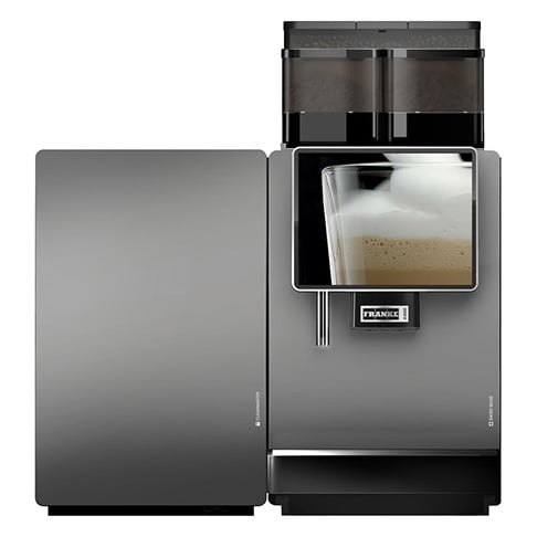 - 2 grinders 2 powders Franke A1000 FM Super Automatic Espresso Machine with SU12 CM FoamMaster™ Fridge and 6 syrup Flavor Station 6 unit Flavor Stati locking containers iQFlow cup recognition hot water wand Commercial Use Only 2 gallon milk 